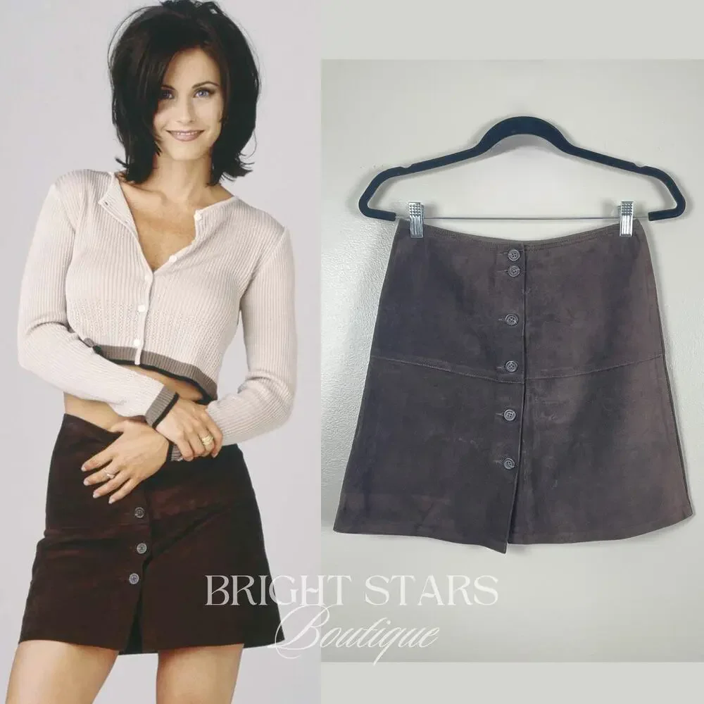 Rare Brown Suede Mini Skirt ASO Monica Gellar Friends Vintage 90s Button Up